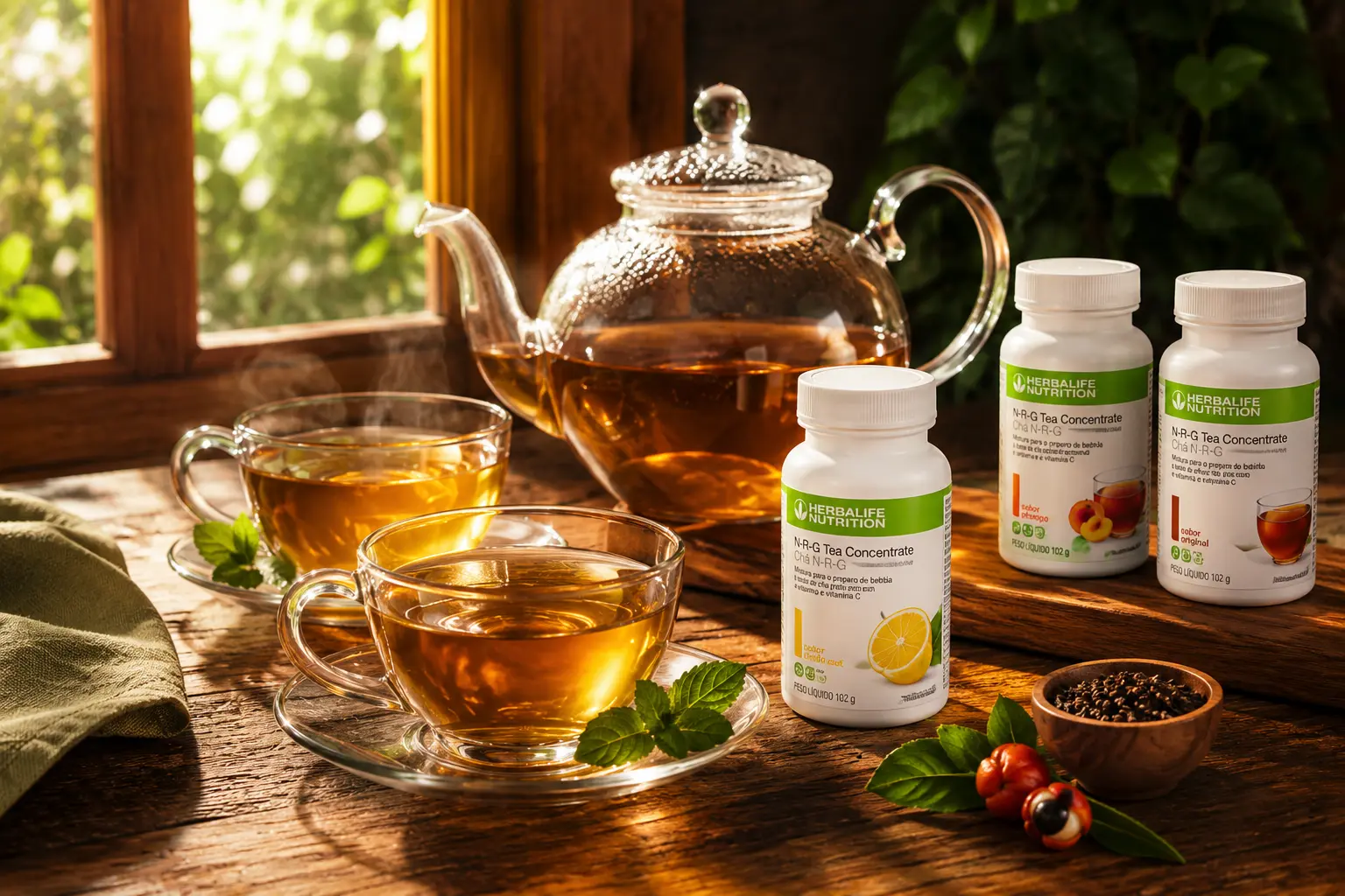 Chás Herbalife servidos em xícaras e bule de vidro, com embalagens dos produtos