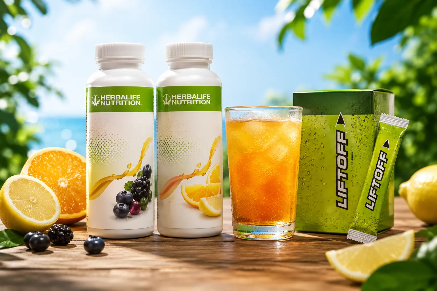 Produtos Herbalife Fiber Concentrate e Liftoff com bebida cítrica gelada